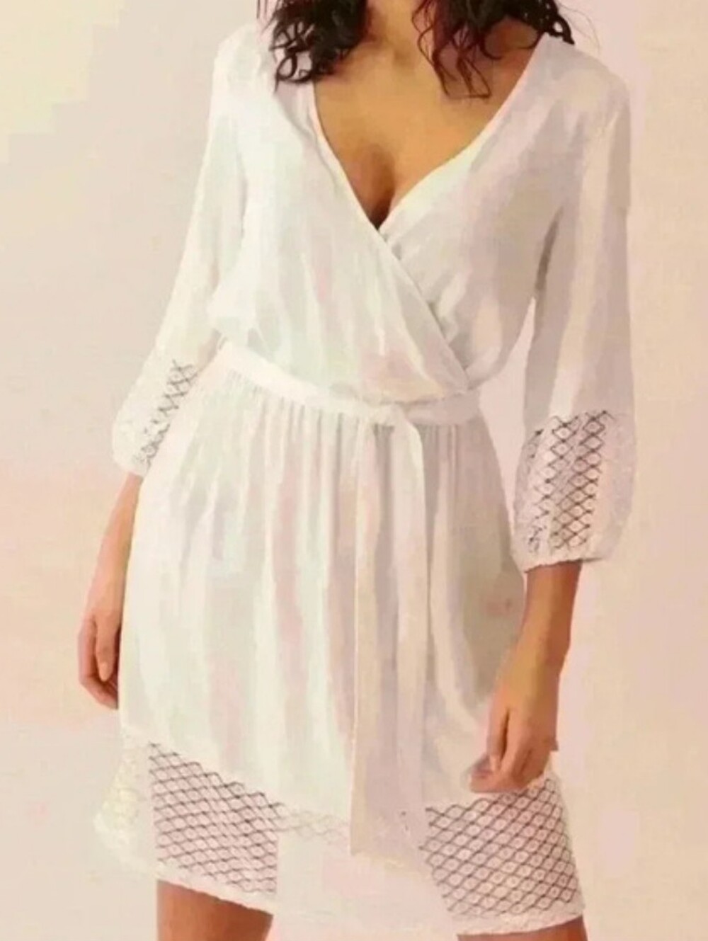 La Vie En Rose Large Lightweight Boho White Wrap Dress with Lace Sleeves Hem